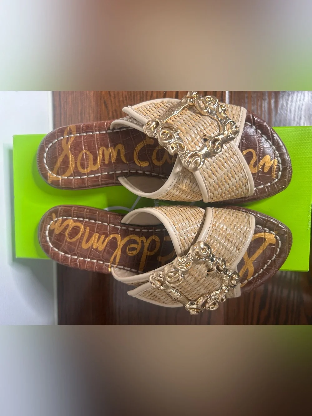 Sam Edelman Gracyn Woven Natural Crossband Slide Sandal with Gold Buckle, 5M - Picture 11 of 15